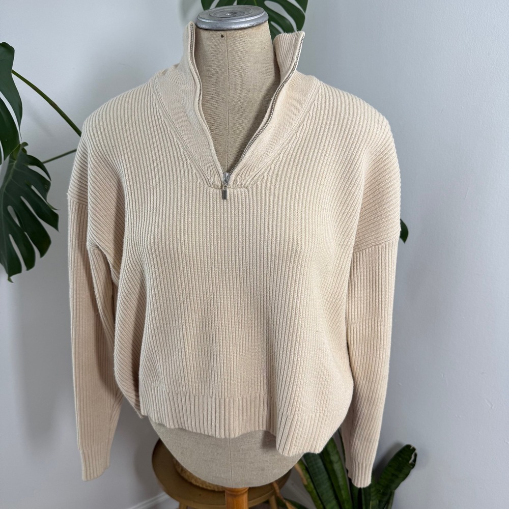 Becool Beige Ribbed Half Zip‎ Mock Neck Sweater Pullover Women's Size S/M